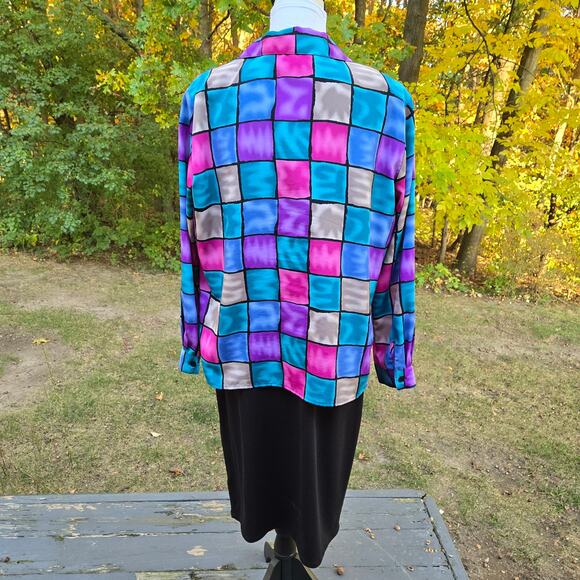 VTG Notations Blouse Shacket Multicolored Liquid Checkered Button Front Size Lrg - Picture 5 of 15